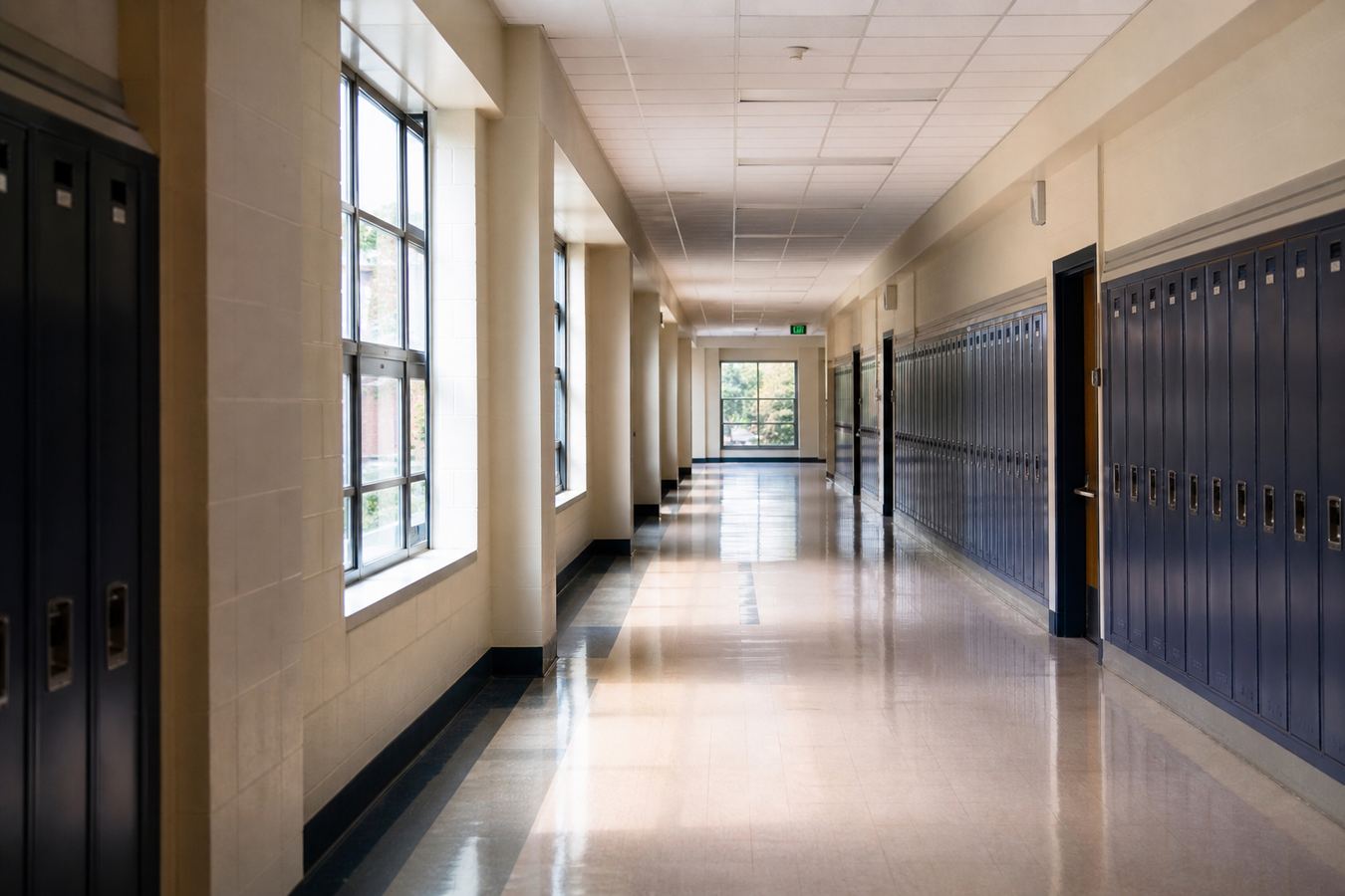 Quiet school hallway during class time
