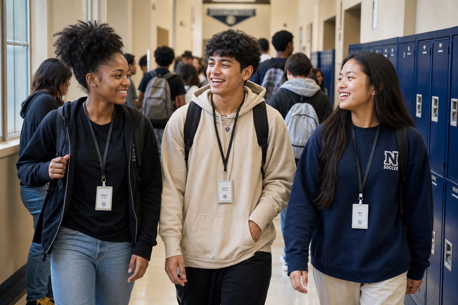 Students wearing smart ID badges in a school hallway